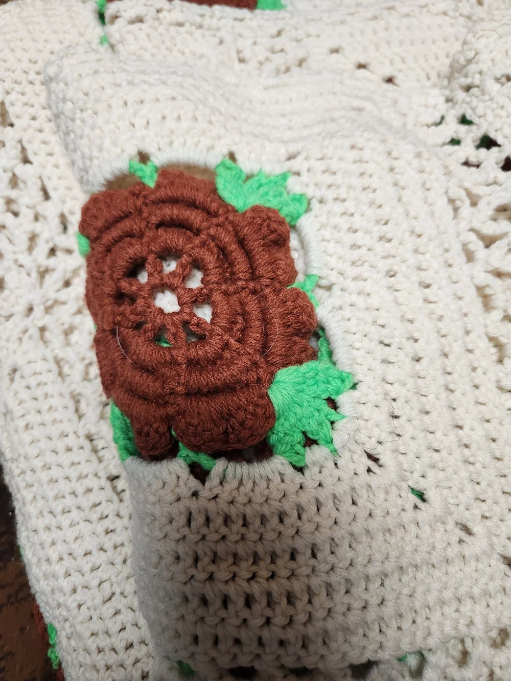 Handmade Cream Crochet Throw with Brown Rose Accents